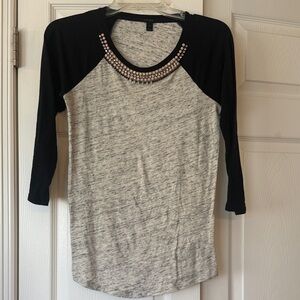 J. Crew Black Sleeve Gray Marled Long-Sleeve Tee with Beaded Neckline